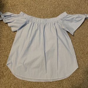 Boutique light blue and white thin striped off the shoulder top - size S